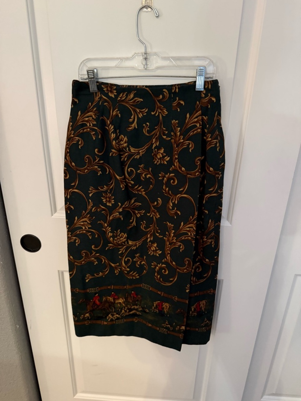Talbots Petites Vintage Forest Green Floral Scroll Midi Skirt
